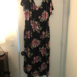 Navy with Pink Floral Casual Maxi Dress with Pockets